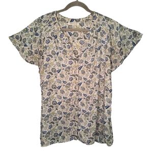 Rose & Olive Ivory Paisley Floral Print Split Neck Top Plus Size 2x